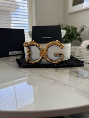 Dolce & Gabbana White Leather Belt with Gold Baroque DG Buckle